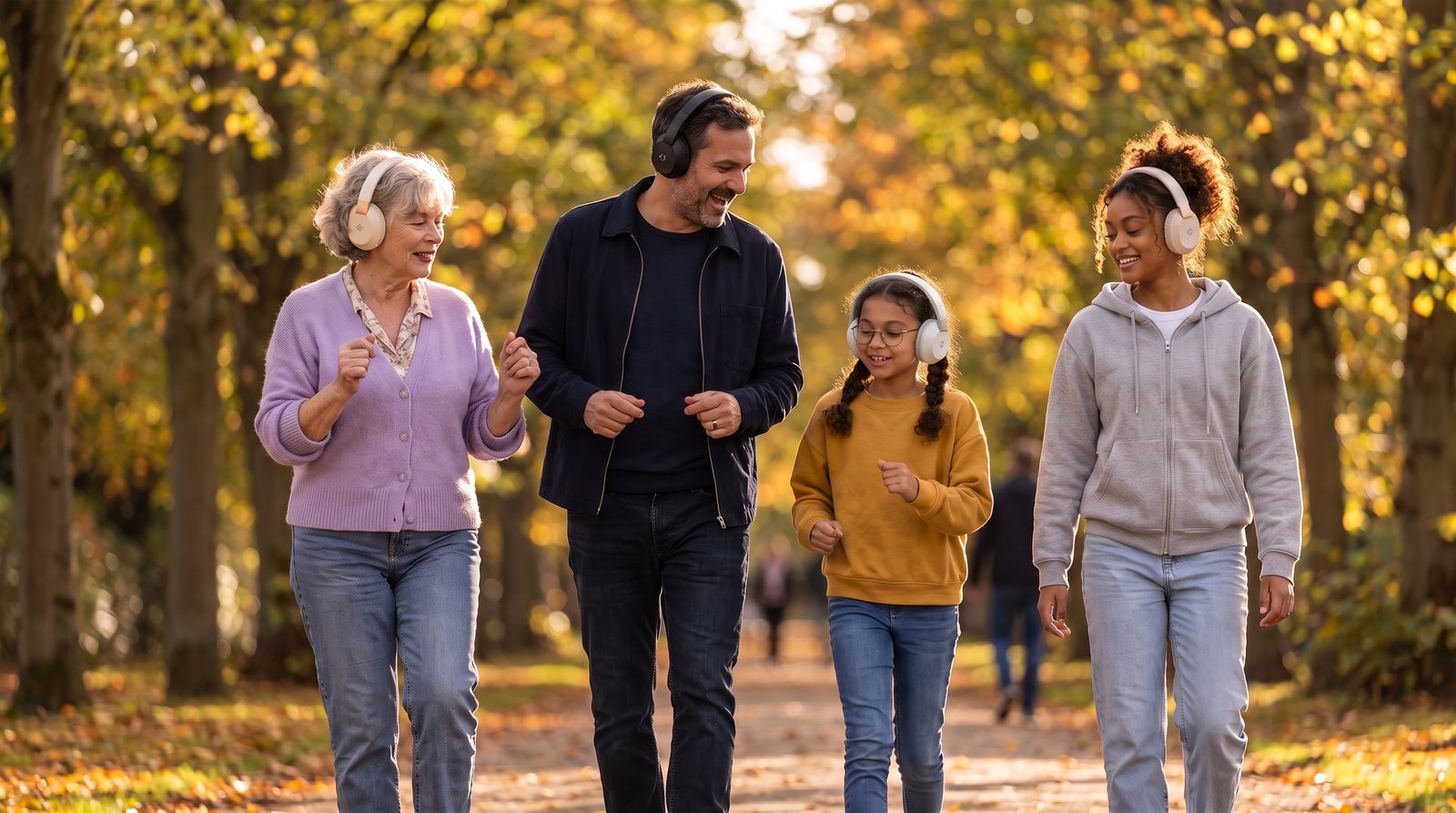 A grandmother, dad and two daughters walking in autumn sun, each wearing PDBeam headphones