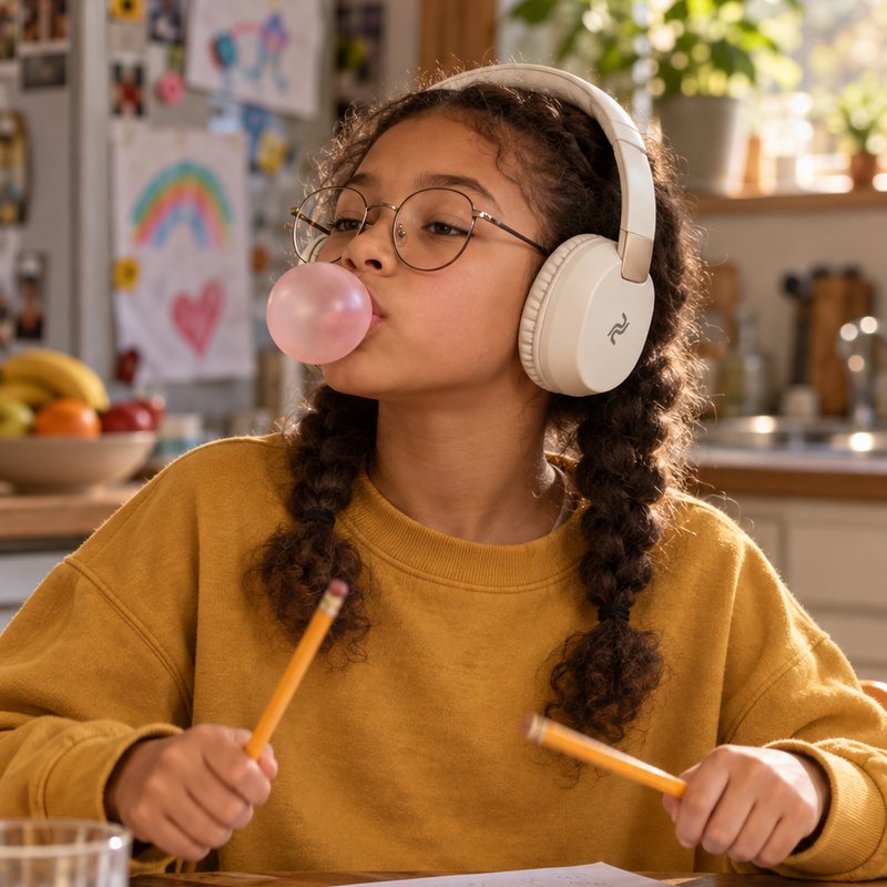 Girl doing homework with headphones on, blowing a bubble