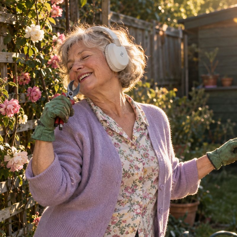 Grandmother dancing in her garden with headphones on