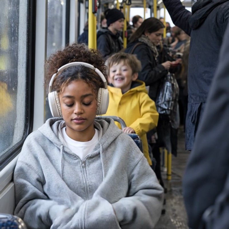 Teenage girl on a busy tram, headphones on, smiling