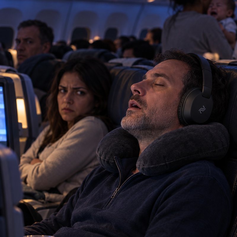 Dad asleep on a plane with black headphones on